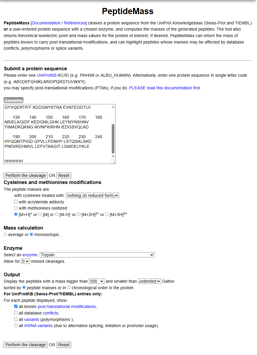 Figure 4.  Example conditions for predicting the number of tryptic peptides from the eGFP standard.  Please replicate all parameters shown above.